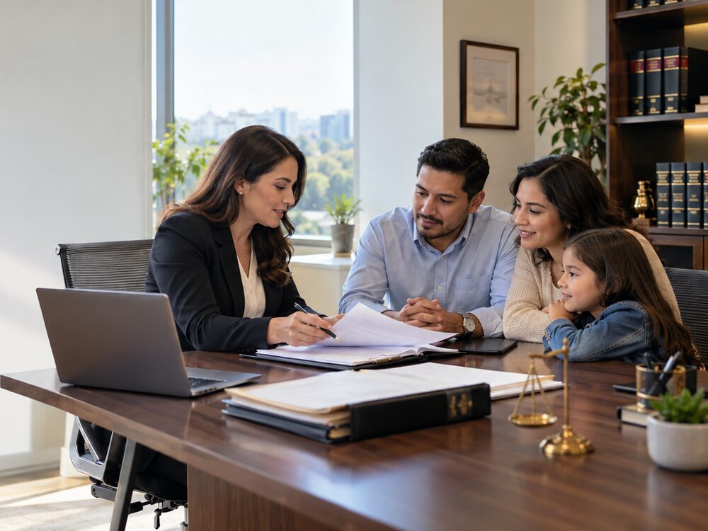 Abogada revisando documentos con una familia en una consulta